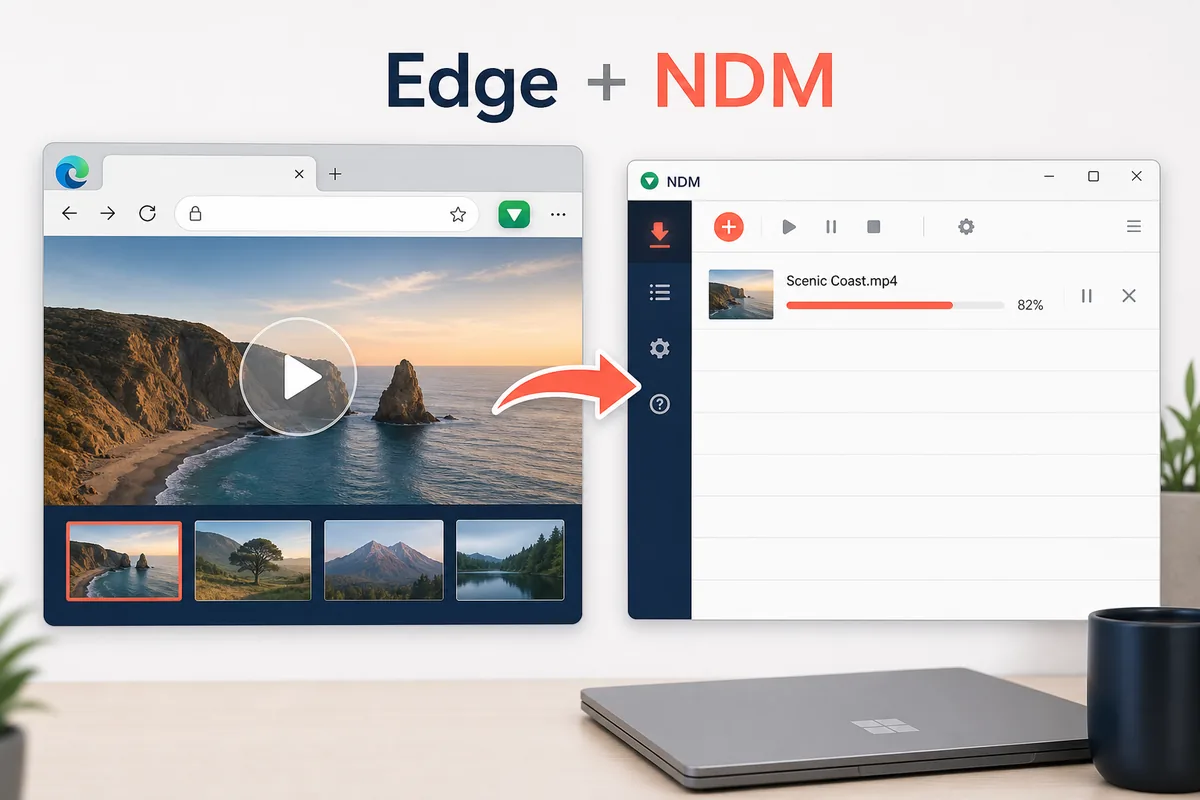 Concept illustration showing Microsoft Edge handing a download link to Neat Download Manager