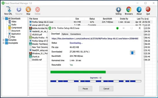 Neat Download Manager active download window with progress and segment bars