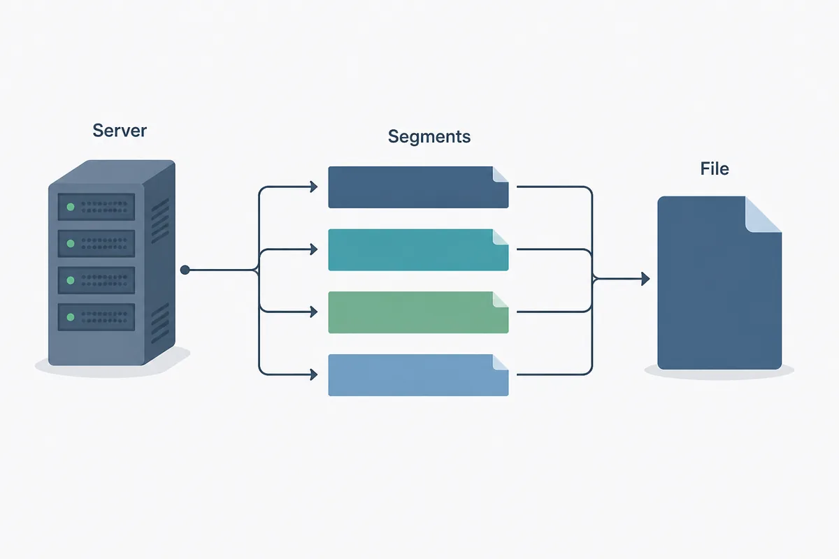 Diagram showing a server split into download segments that merge into one file