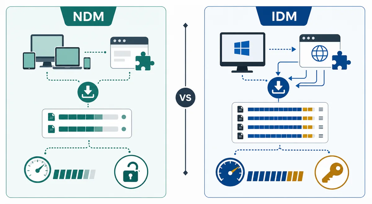 Editorial comparison graphic contrasting NDM and IDM workflow criteria such as platform, browser capture, speed, and source trust