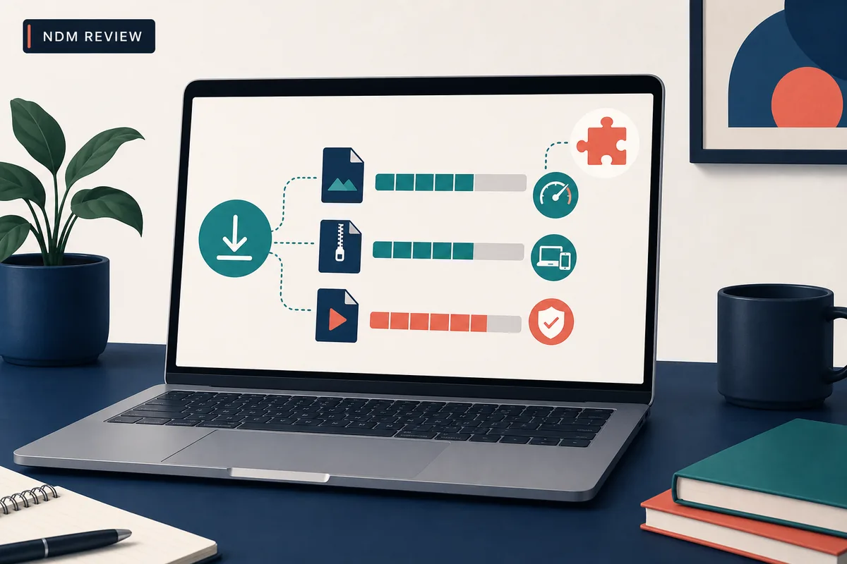 Editorial illustration of a laptop, download progress bars, browser extension symbol, and source check icons for an NDM review