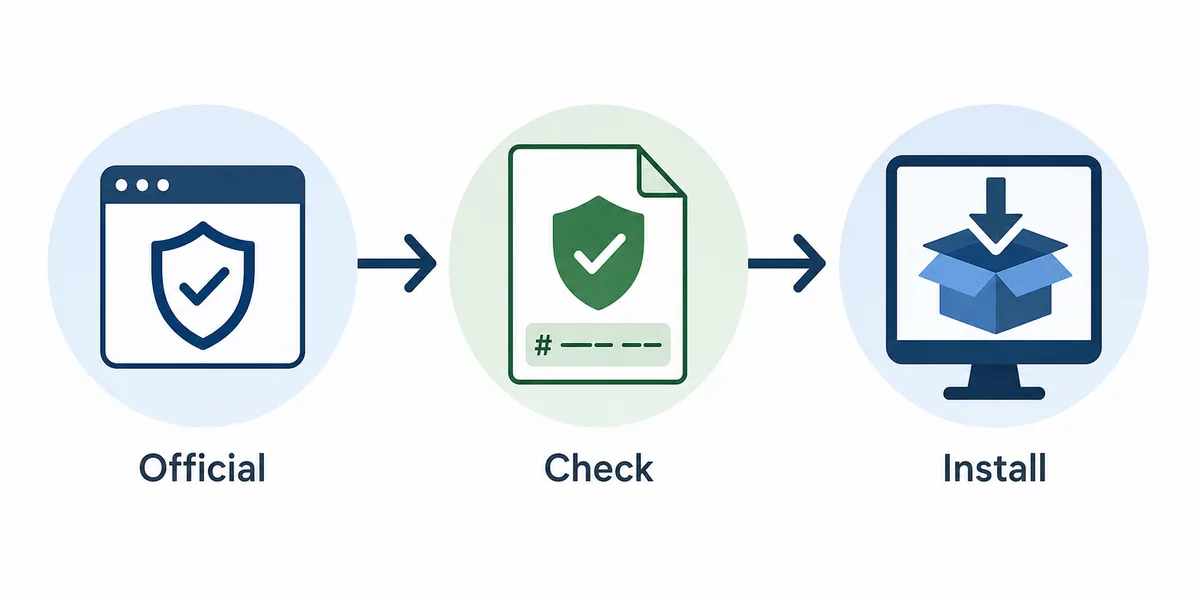 Editorial checklist showing official source, file check, and install sequence for Neat Download Manager