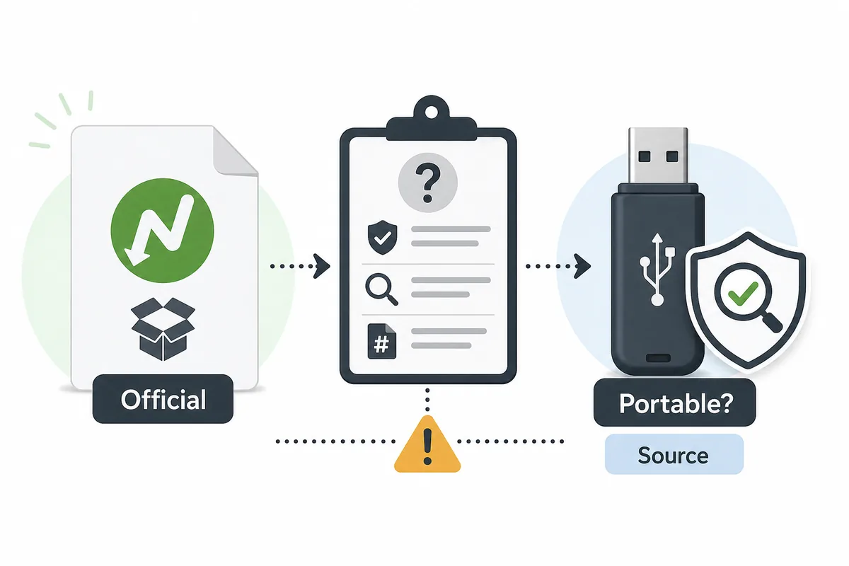 Editorial source-check graphic comparing an official installer with a questionable portable USB download